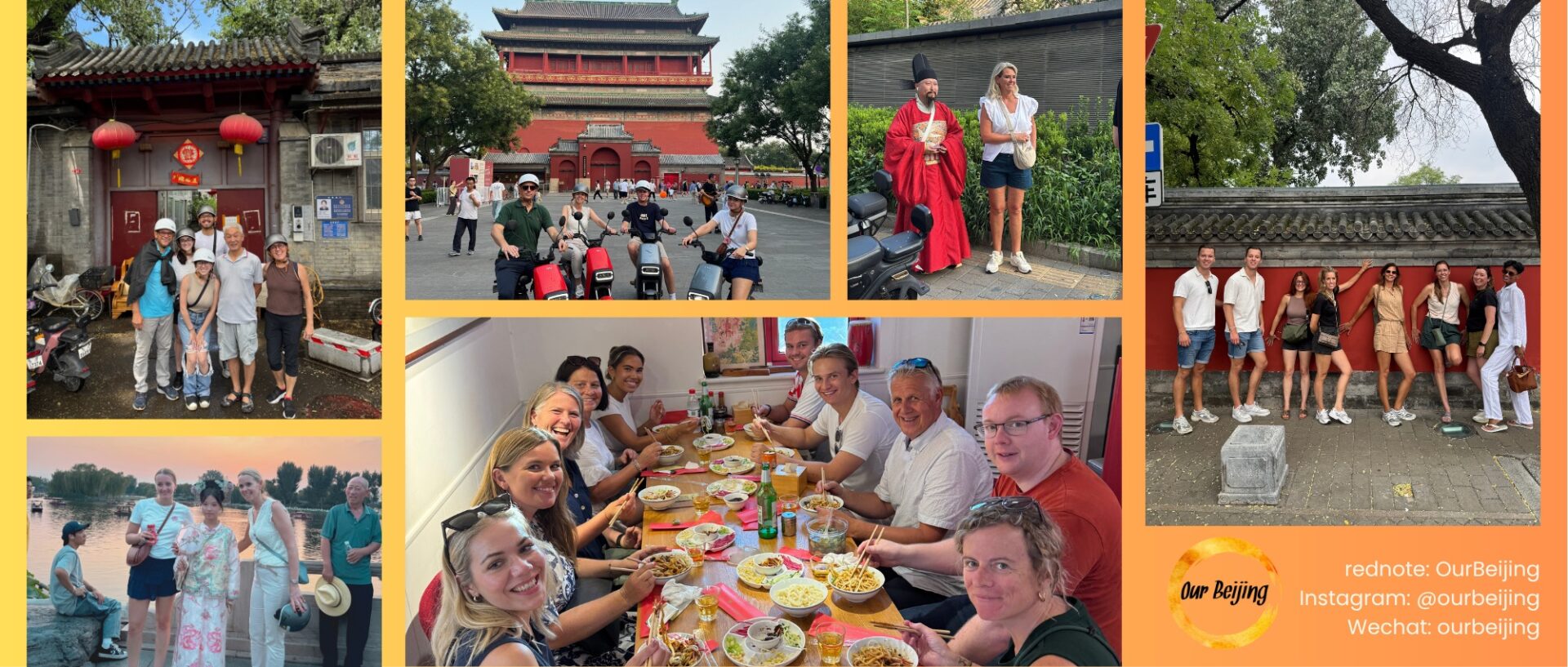 A photo collage showing shared local moments in Beijing — biking through hutongs, enjoying local food, and connecting with locals