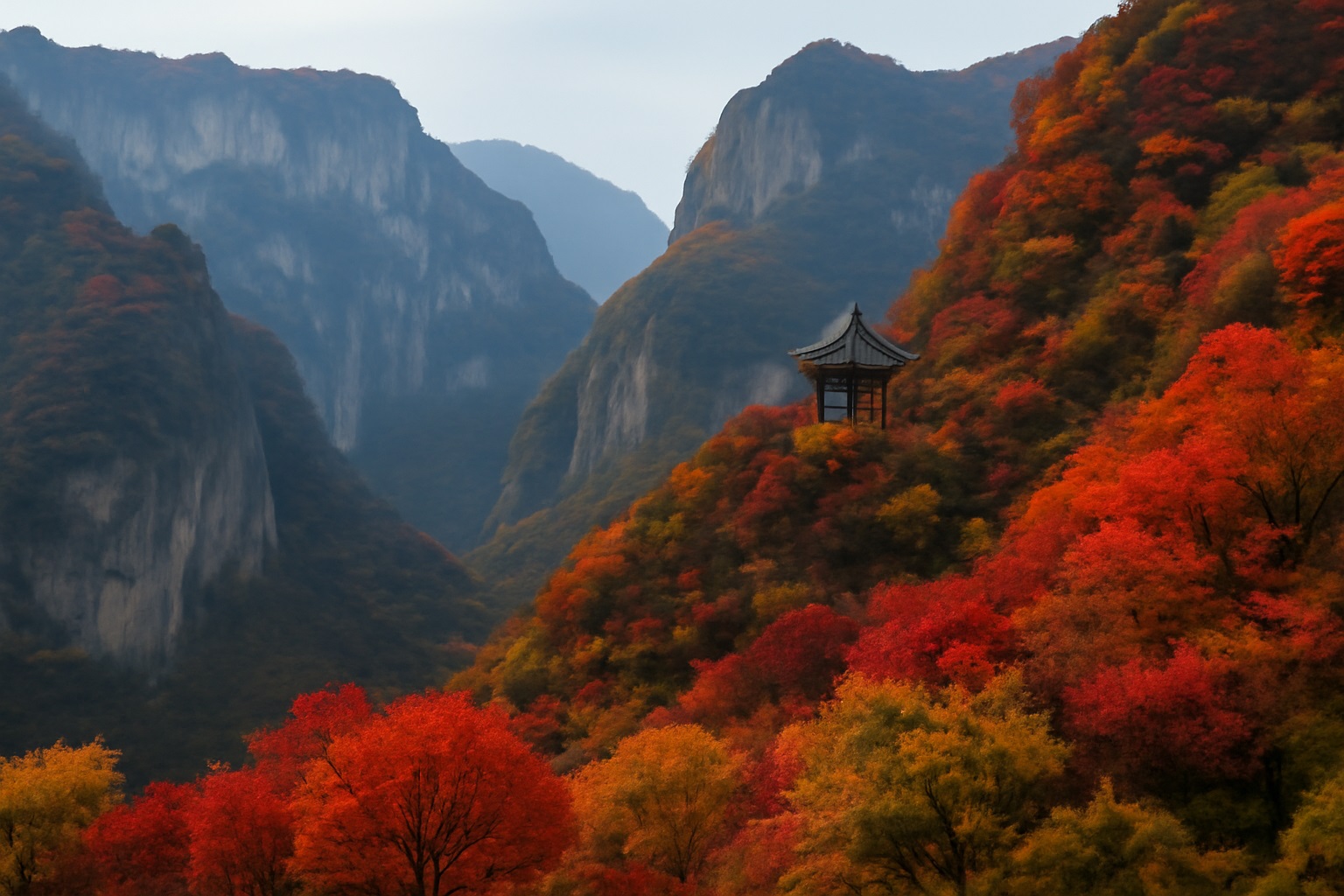 This an AI generated image shows an autumn view of mountains near Beijing Fangshan with fall foliage and cliff. Showing hikers the hidden hiking gems in fangshan, beijing