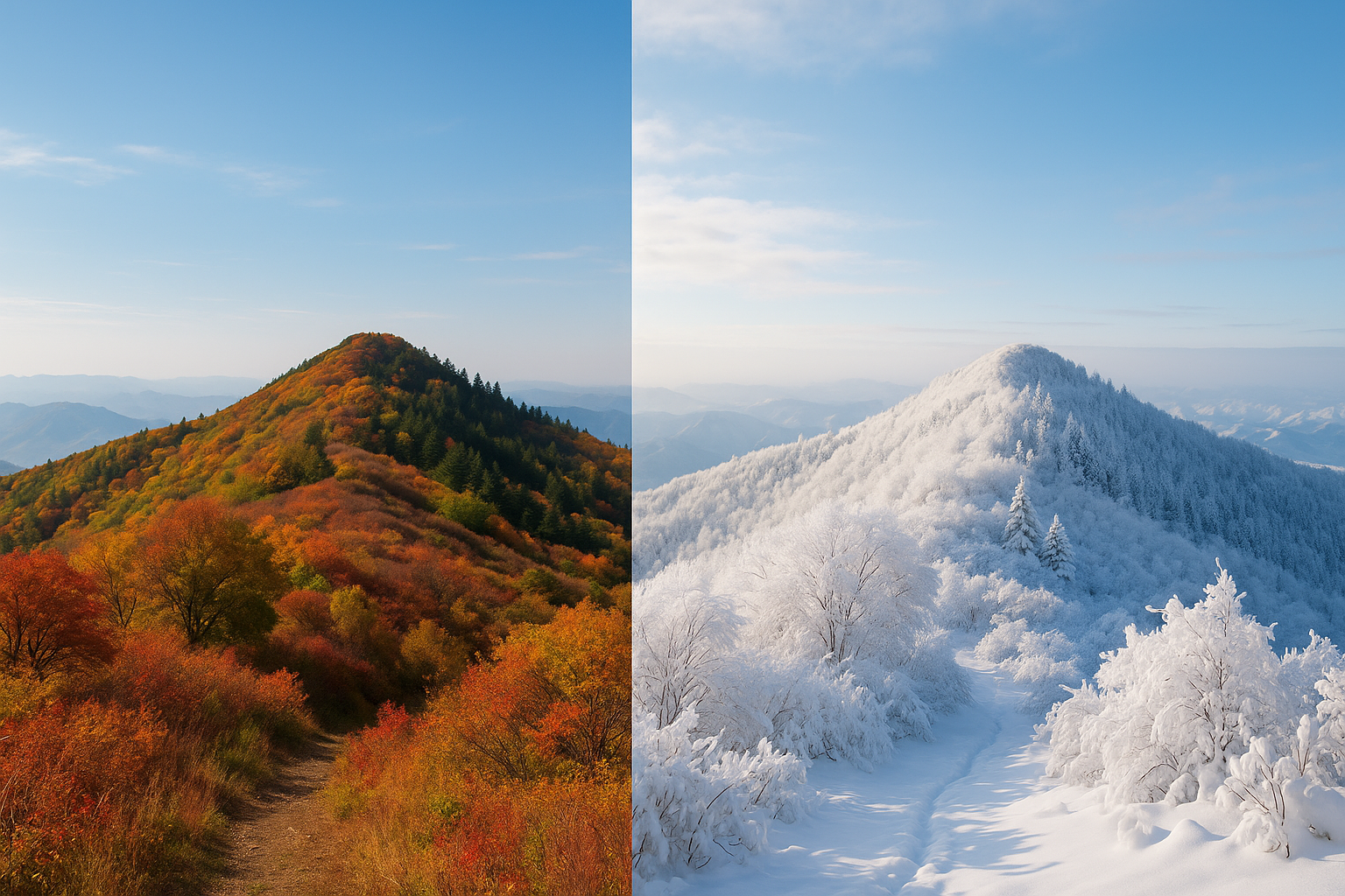 It's an AI generated photo showing the comparison of DonglingShan in summer and winter.