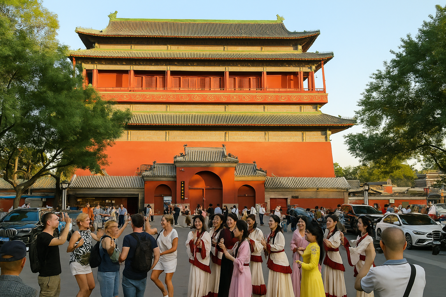 Tourists and performers dancing together in front of Beijing’s historic Drum Tower during a lively cultural event, with traditional costumes and a large red tower in the background.