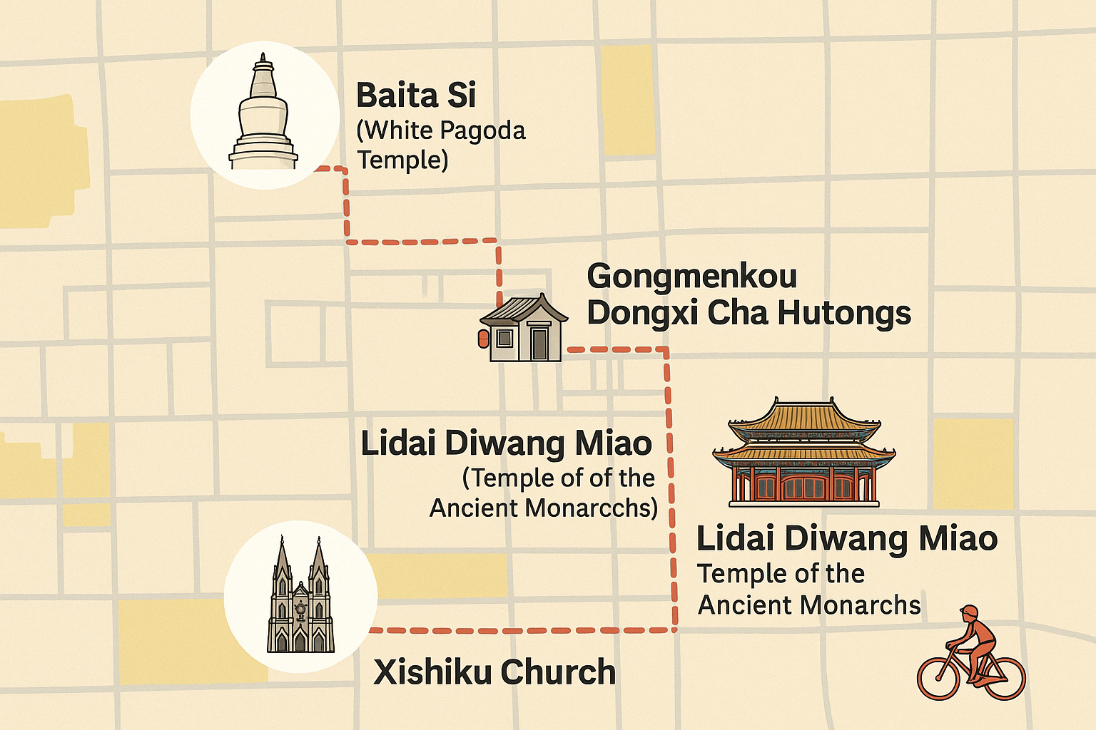 Simple illustrated map showing the Beijing bike route from Baita Si to Xishiku Church, passing through Gongmenkou Dongxi Cha hutongs and Lidai Diwang Miao.