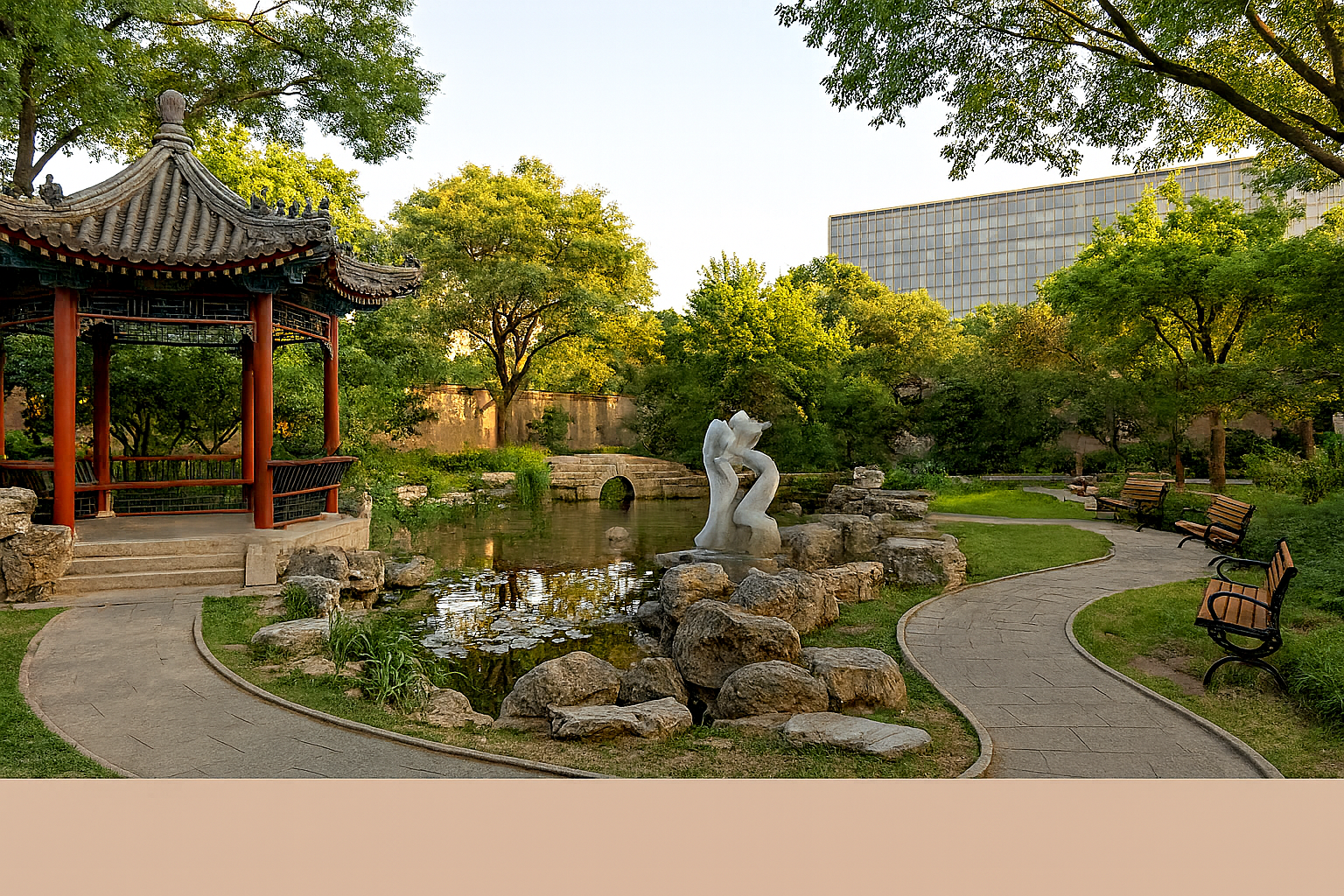 AI generated image showing Peaceful garden scene behind the Friendship Store in Beijing, featuring traditional Chinese architecture, lush greenery, and soft natural light in Youyi Garden.