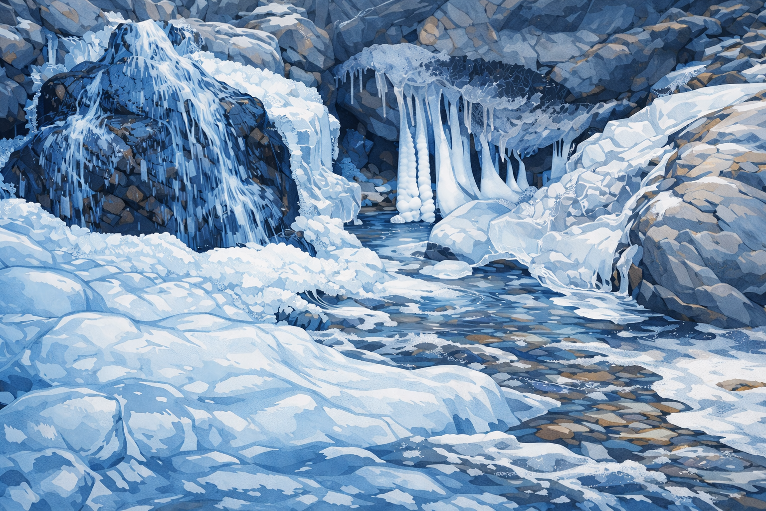 A ChaptGPT generated illustration showing the beauty of frozen waterfalls—A Great Winter Hike Near Beijing