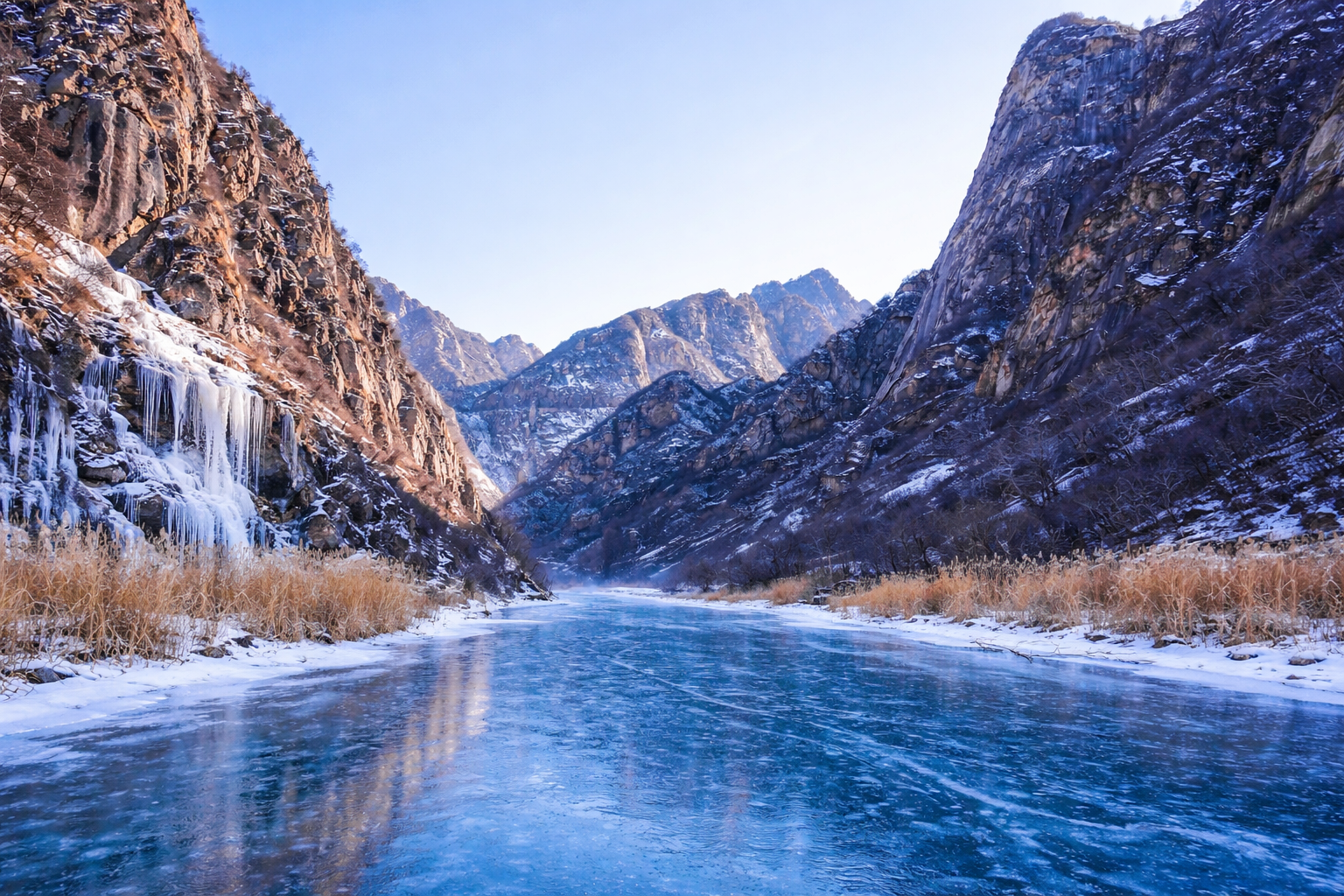 an image showing the frozen beauty of Baihe Gorge—a winter hiking adventure destination near Beijing