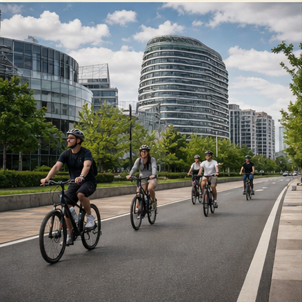 Bicycle riders exploring modern Beijing architecture