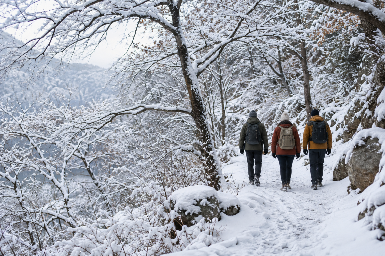 Hikers walking through a snow-covered forest trail outside Beijing