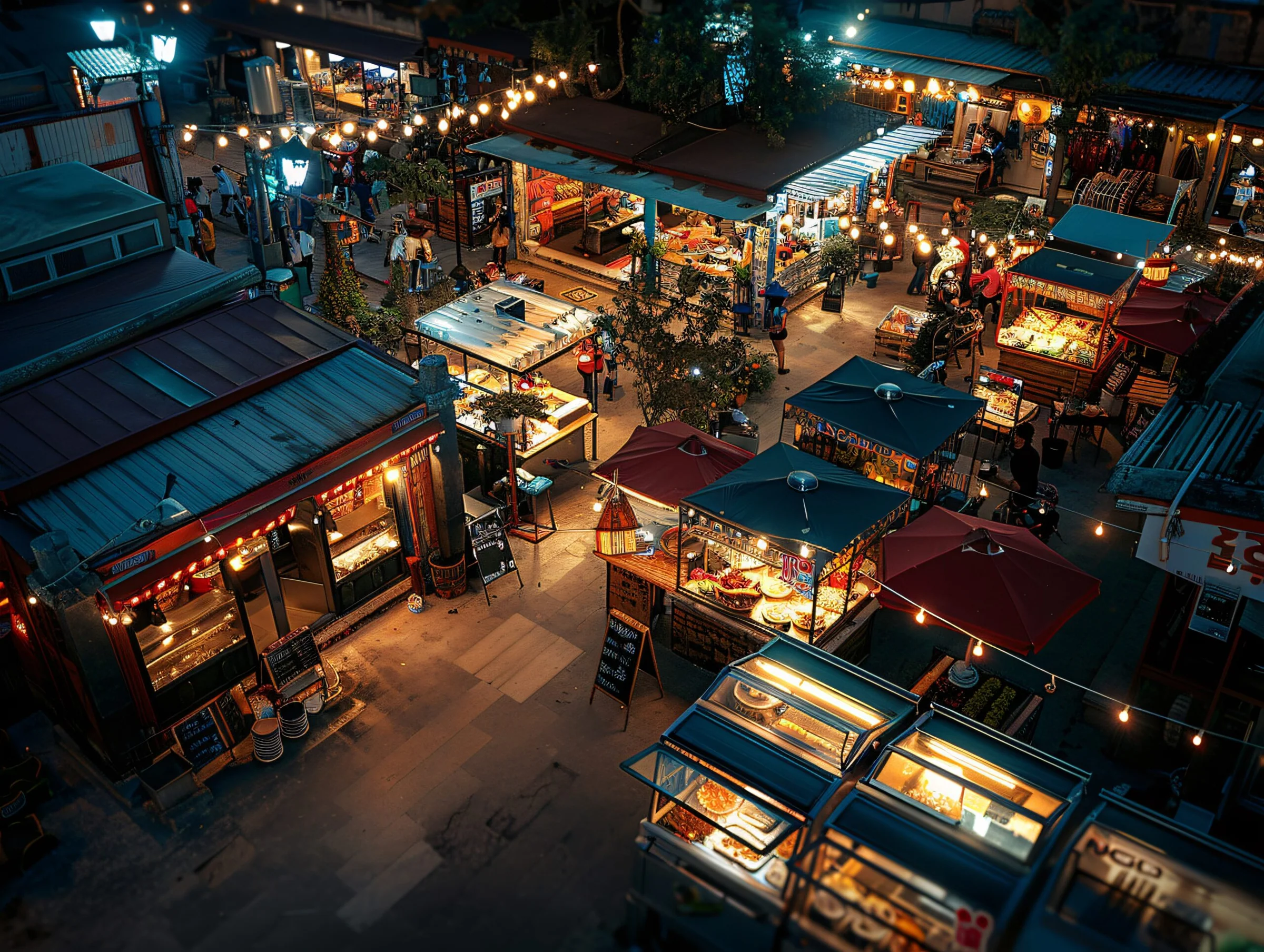Evening street food market stalls lit up at dusk