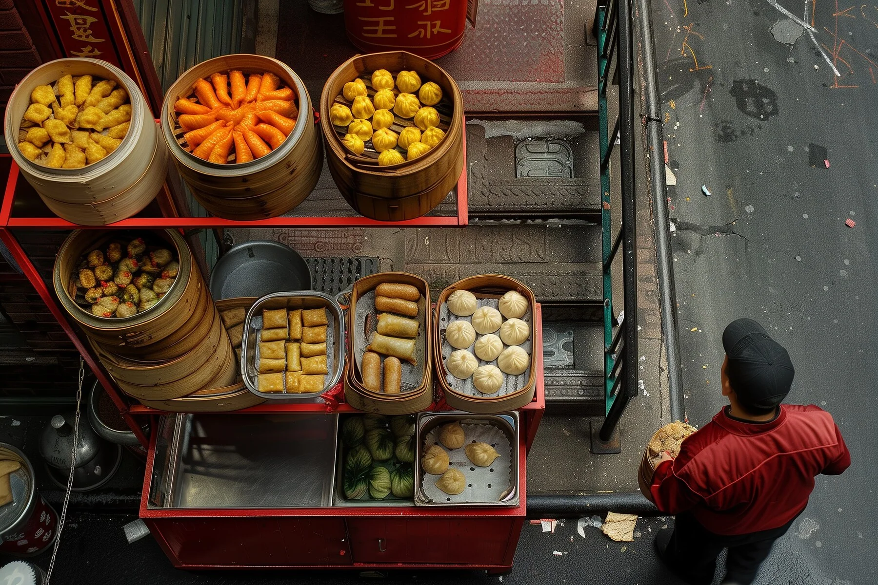 A Beijing snack stall with steamed buns, fried treats and skewers