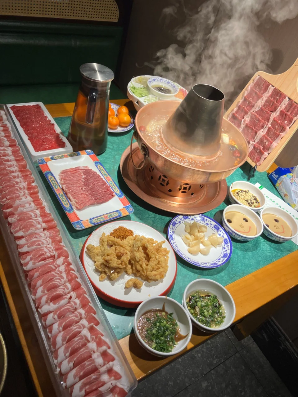 Gluten free in China tip: a copper hotpot with plain broth, sliced meat and small side dishes