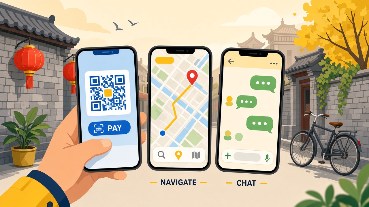 What apps do I need for China: illustration of three phone screens for paying, navigating and chatting